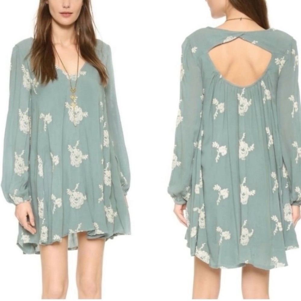 Free People Emma Austin Mini Dress Sz Large Sage Green Ivory floral embroidered